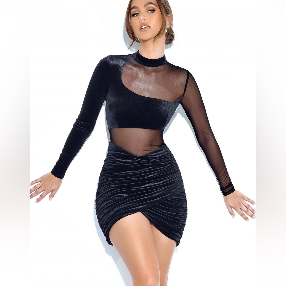 Azalea Black Velvet Mesh Long Sleeve Dress